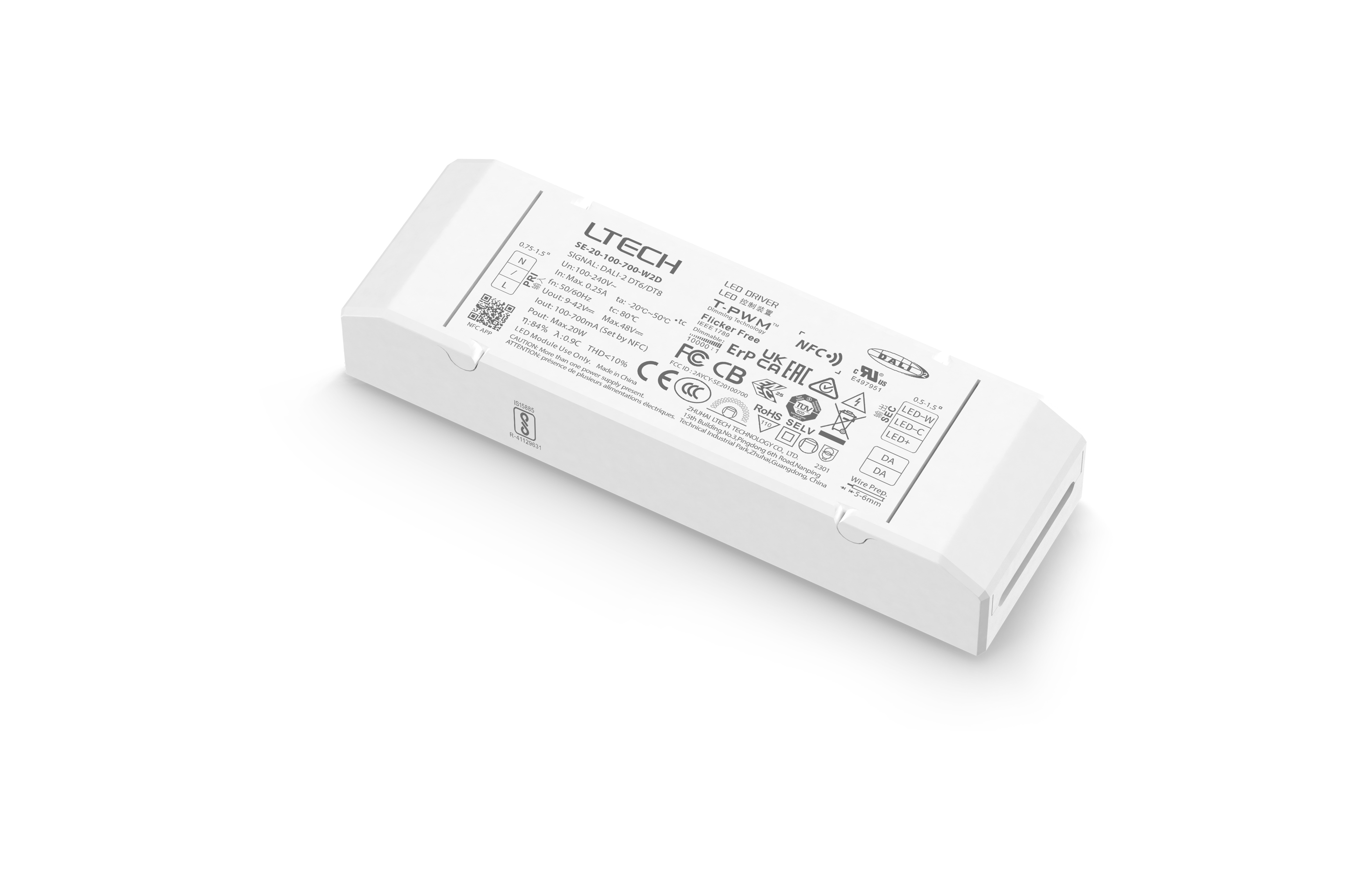 SE-20-100-700-W2D  Intelligent LED Driver, NFC DALI  0-100% Dim, PWM Digital Dim,DALI DT6/8 Tuneable, 20W 100-700mA 9-42Vdc  Out put Range.0.9-20W , IP20, 5yrs Wrnty.